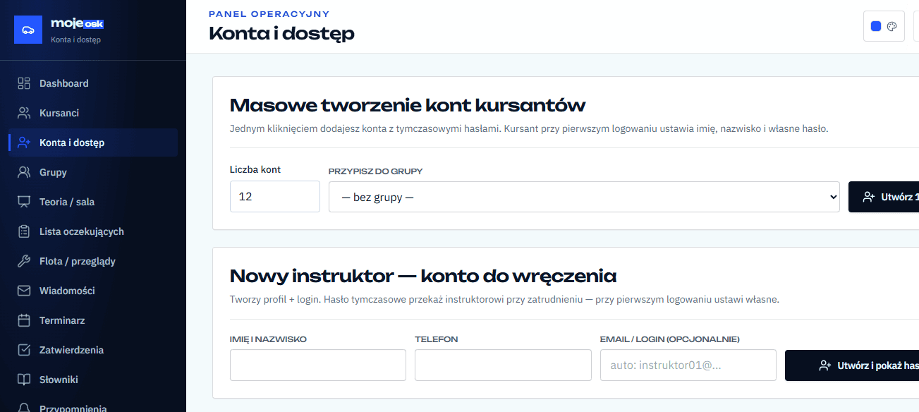 Kalendarz jazd z konfliktami instruktorów w systemie OSK